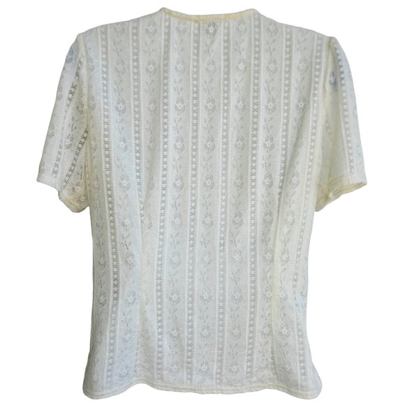 Unique Vintage Ivory Nylon Floral Lace Neck Tie Bow Short Sleeve Stretch M 6-8 - Picture 2 of 6